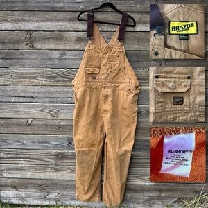 BRAZOS Gold Brown Heavy Denim Work Force Bib Double Knee Overalls XL-Short